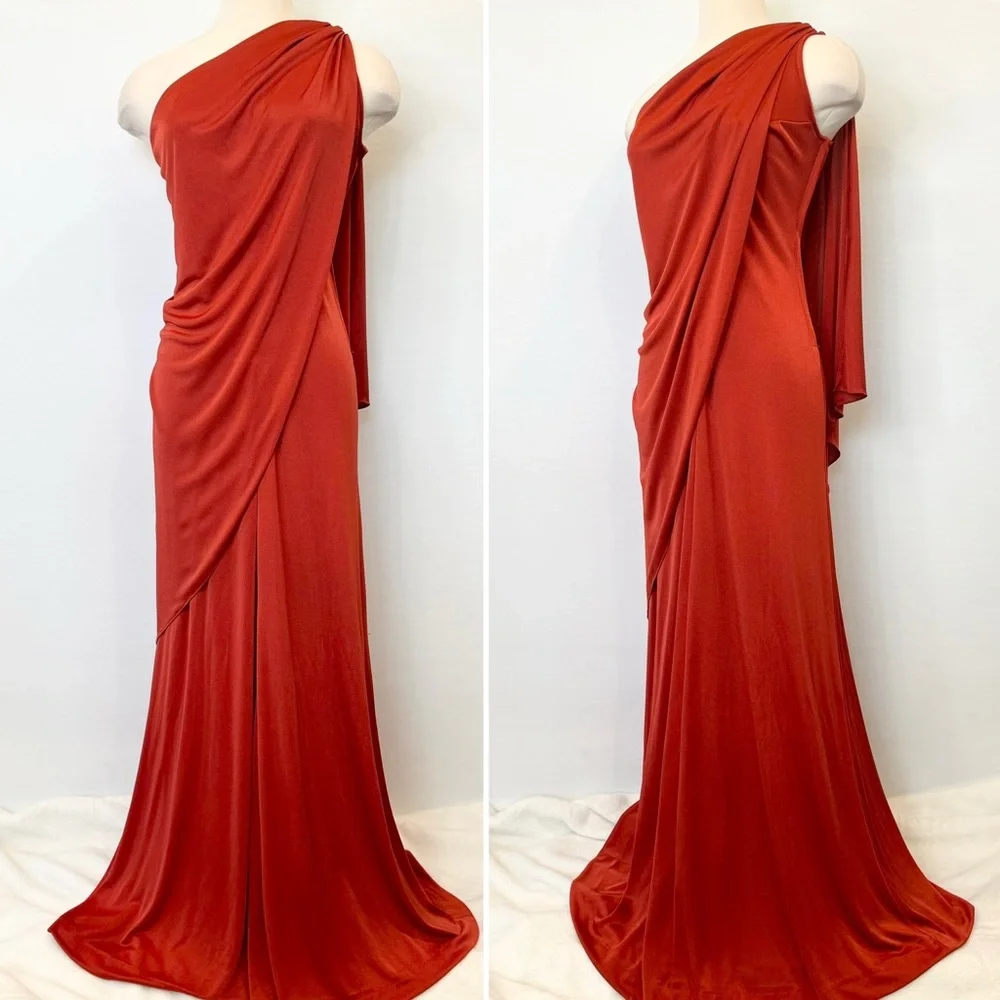 🌺SOLD🌺 Frederick’s of Hollywood Silky Satin Rust Column Maxi Gown Vintage Dress - Picture 5 of 11